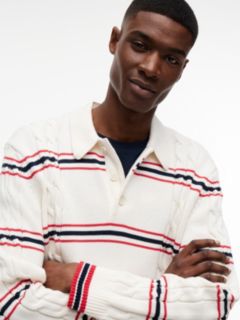 Tommy Badge Cable Knit Stripe Polo Jumper — White 3