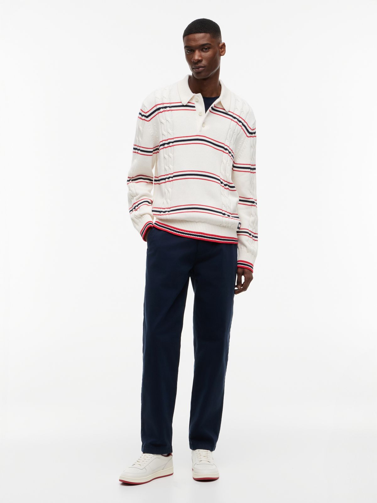 Tommy Badge Cable Knit Stripe Polo Jumper — White