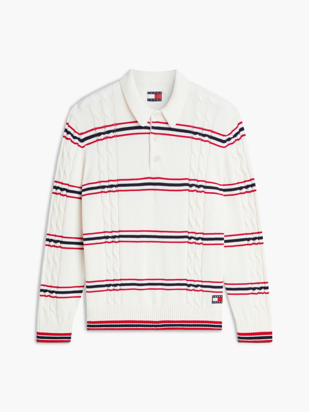 Tommy Badge Cable Knit Stripe Polo Jumper — White