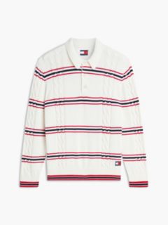 Tommy Badge Cable Knit Stripe Polo Jumper — White 5