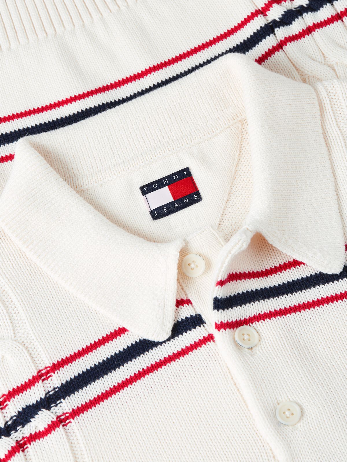 Tommy Badge Cable Knit Stripe Polo Jumper — White