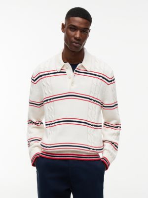 white tommy badge cable knit stripe polo jumper for men tommy jeans