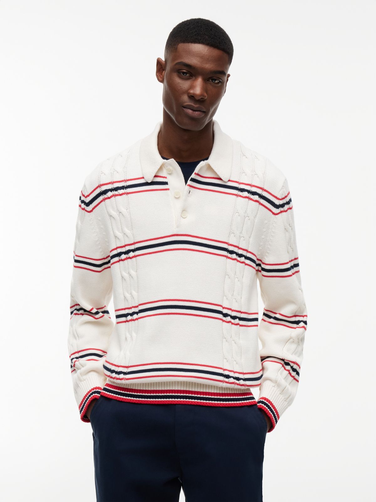 Tommy Badge Cable Knit Stripe Polo Jumper — White