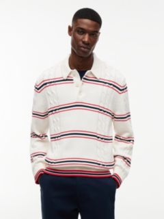 Tommy Badge Cable Knit Stripe Polo Jumper — White 1