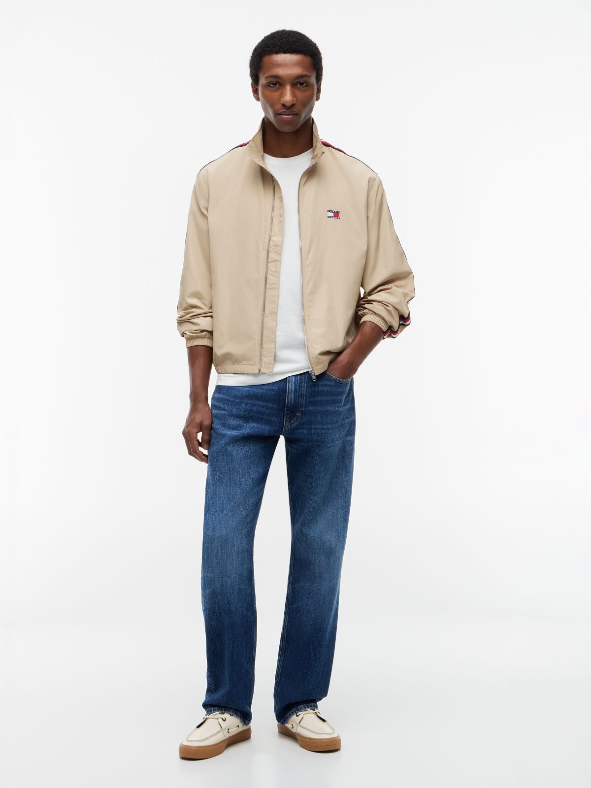 Global Stripe Tape Zip-Thru Jacket — Beige