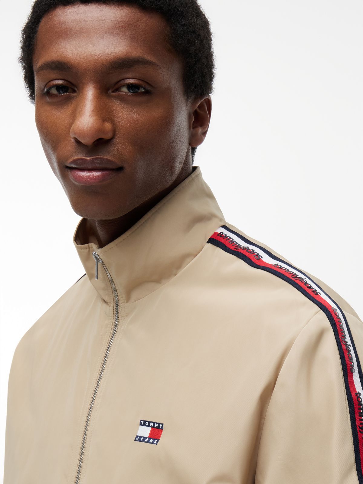Global Stripe Tape Zip-Thru Jacket — Beige