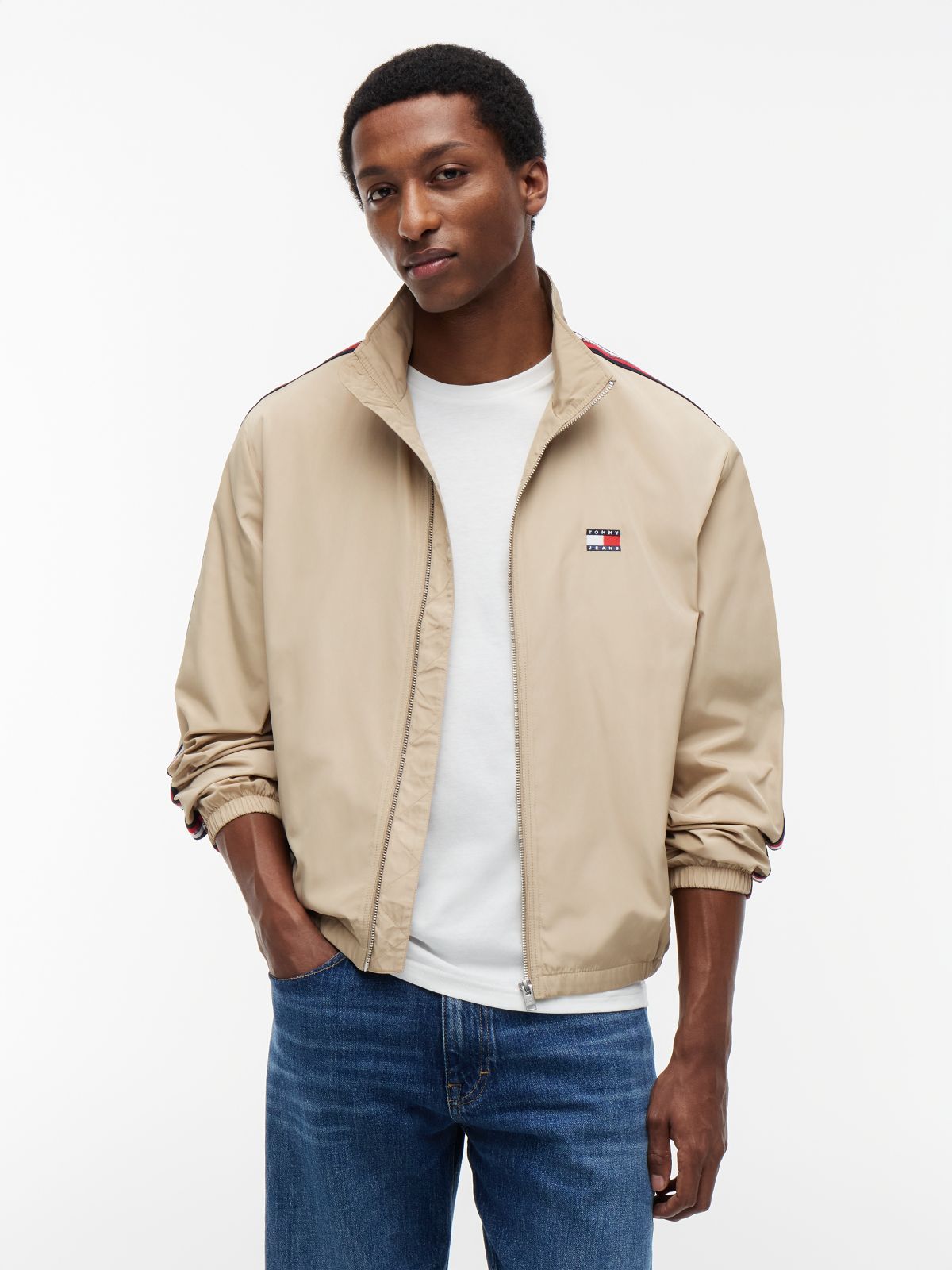 Global Stripe Tape Zip-Thru Jacket — Beige