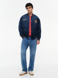 Crest Patch Relaxed Satin Bomber Jacket — Blue 2