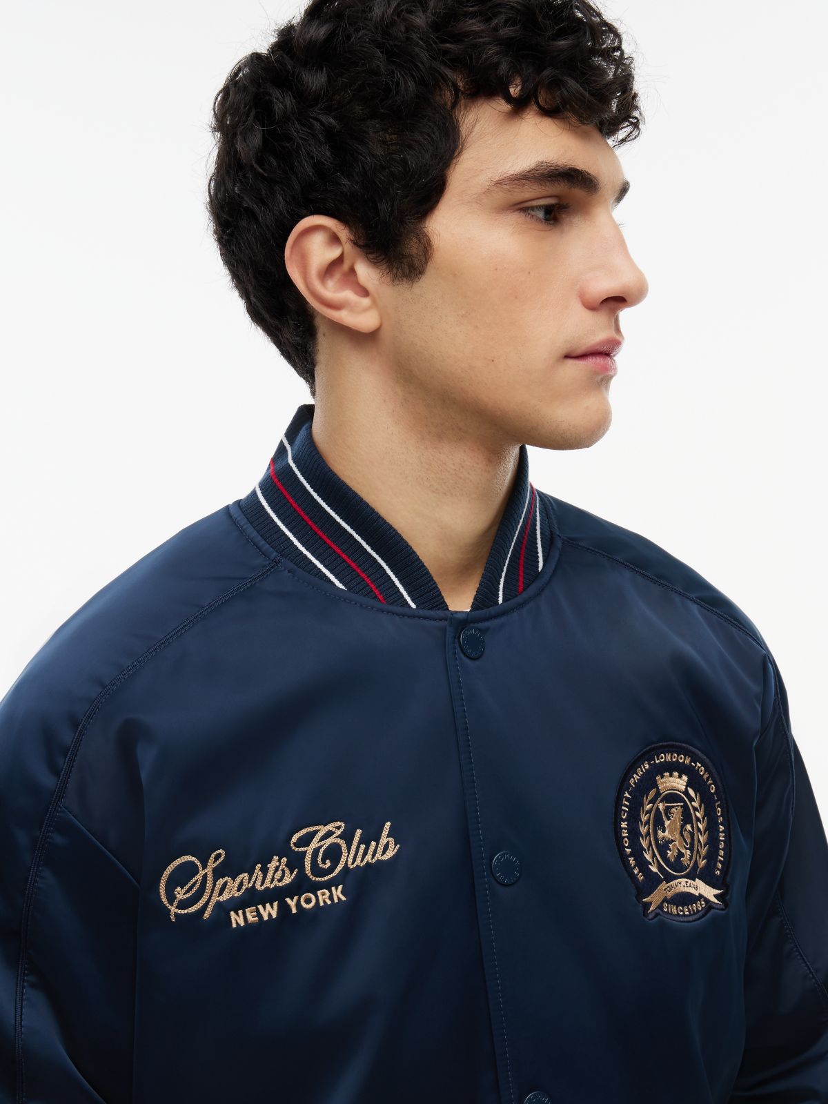 Crest Patch Relaxed Satin Bomber Jacket — Blue