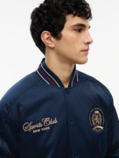 Crest Patch Relaxed Satin Bomber Jacket — Blue 3