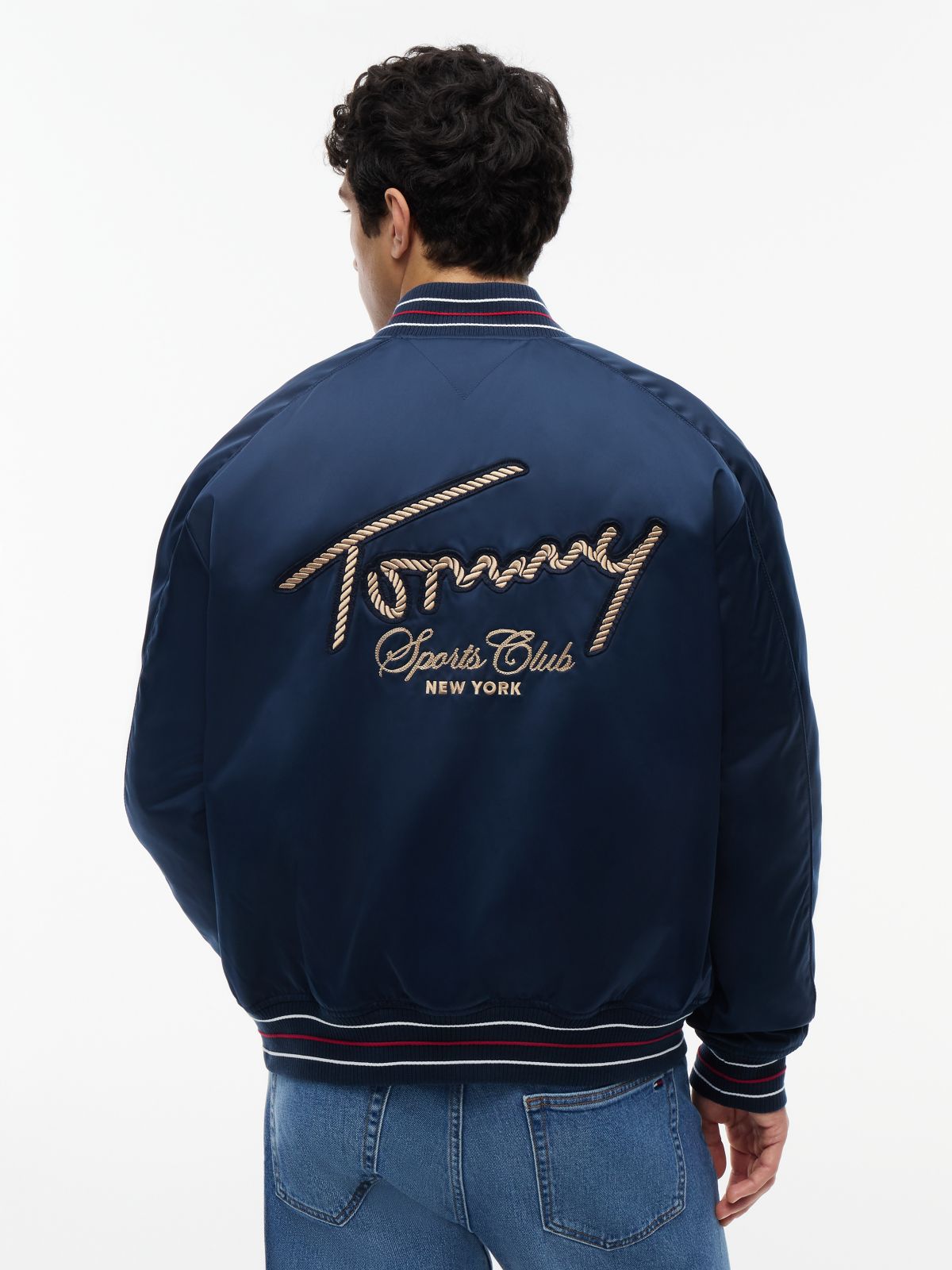 Crest Patch Relaxed Satin Bomber Jacket — Blue