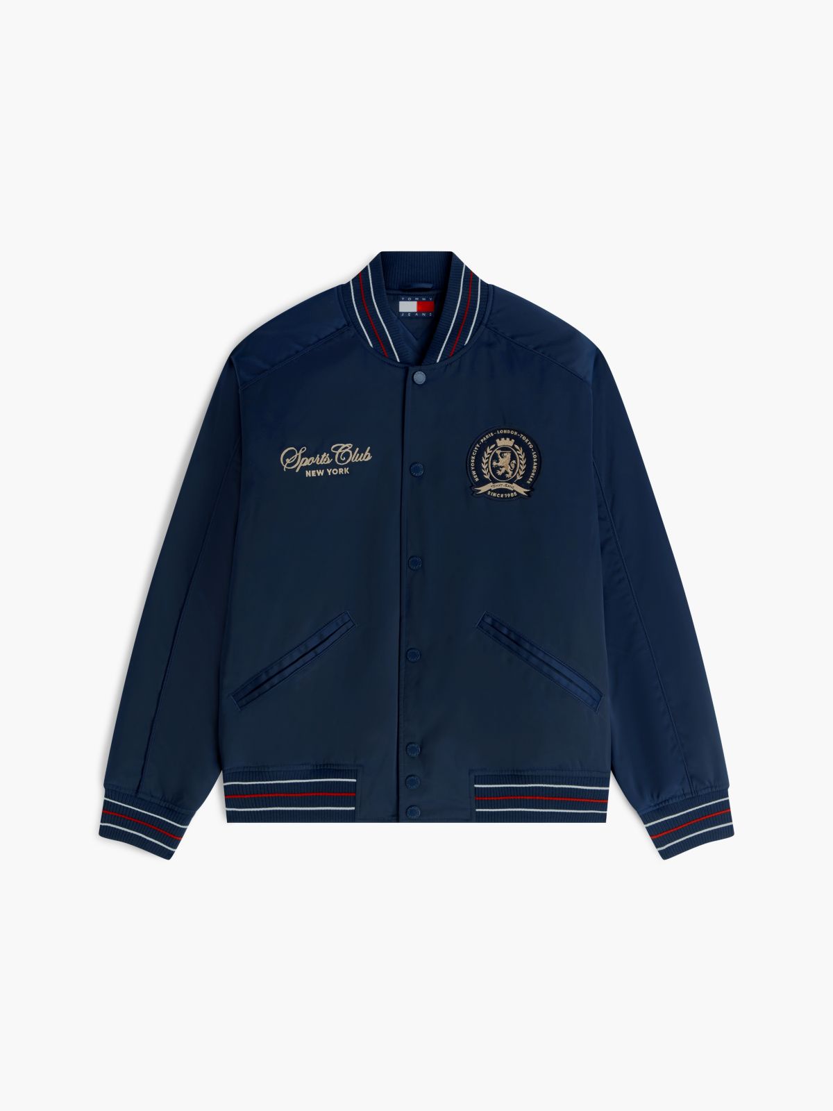 Crest Patch Relaxed Satin Bomber Jacket — Blue