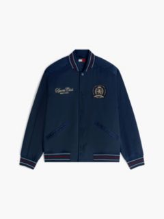 Crest Patch Relaxed Satin Bomber Jacket — Blue 6
