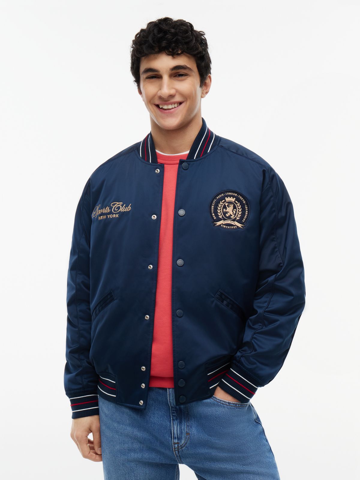Crest Patch Relaxed Satin Bomber Jacket — Blue