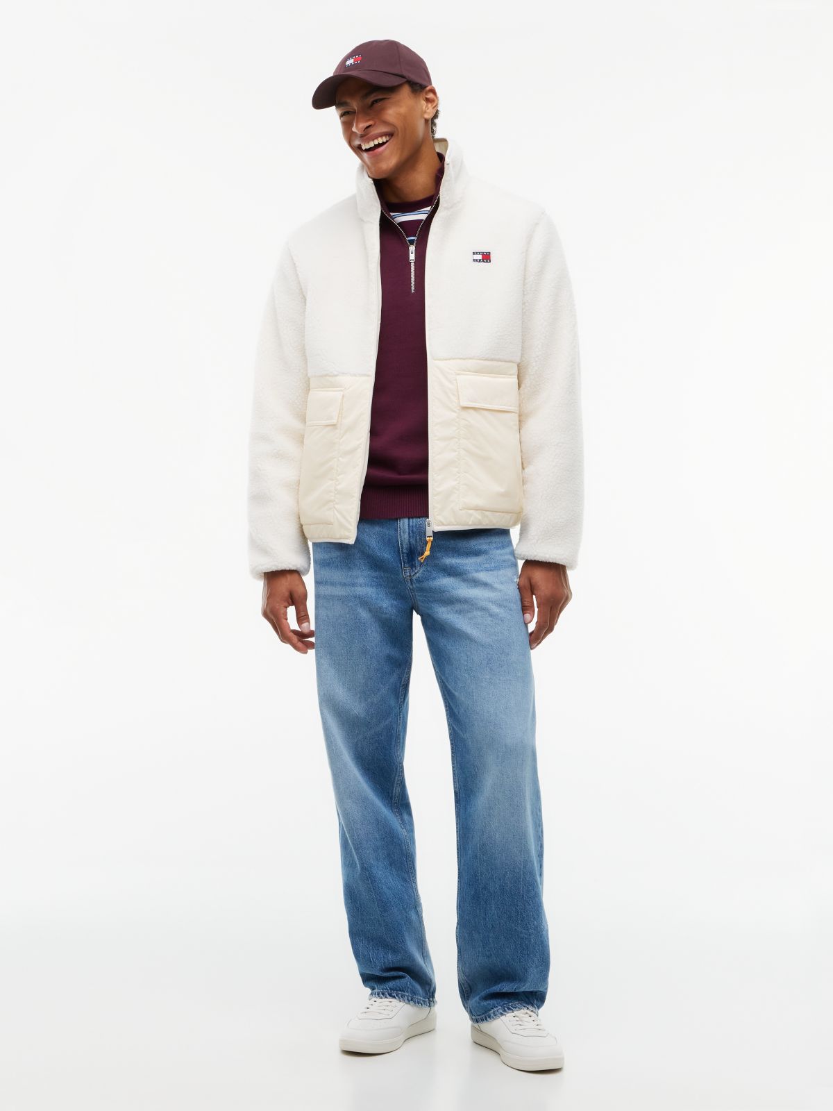 Teddy Contrast Texture Relaxed Jacket — Beige