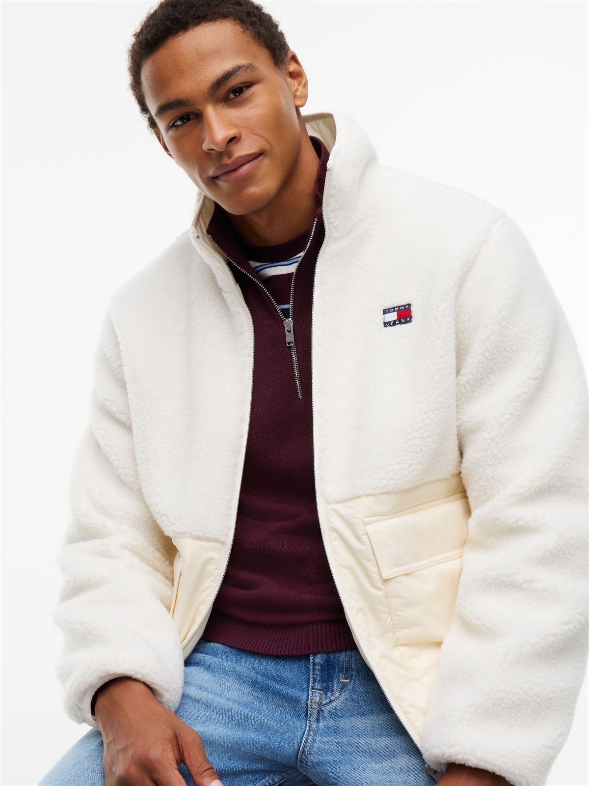 Teddy Contrast Texture Relaxed Jacket — Beige
