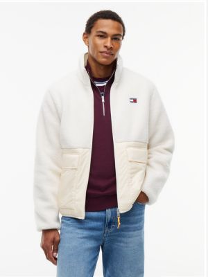 beige luźna kurtka o kontrastowej fakturze kożuszka dla mężczyźni - tommy jeans