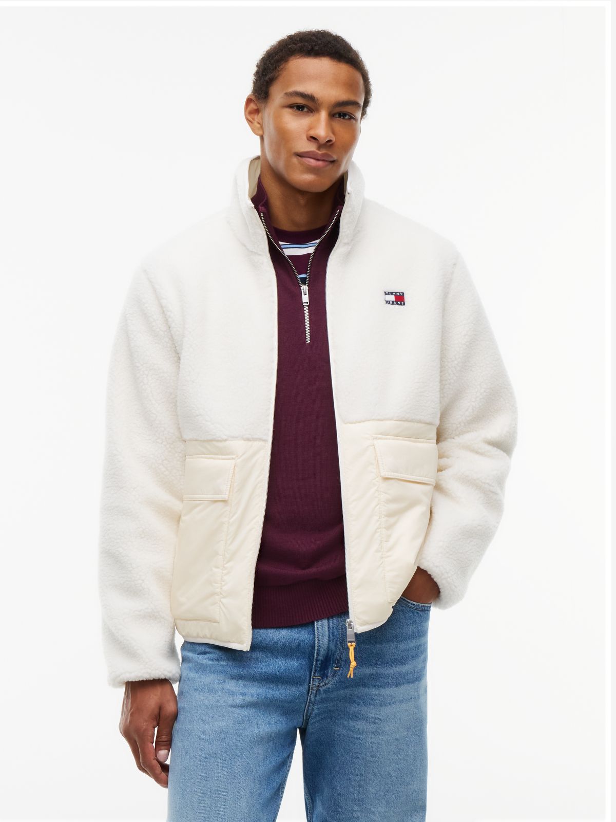Teddy Contrast Texture Relaxed Jacket — Beige