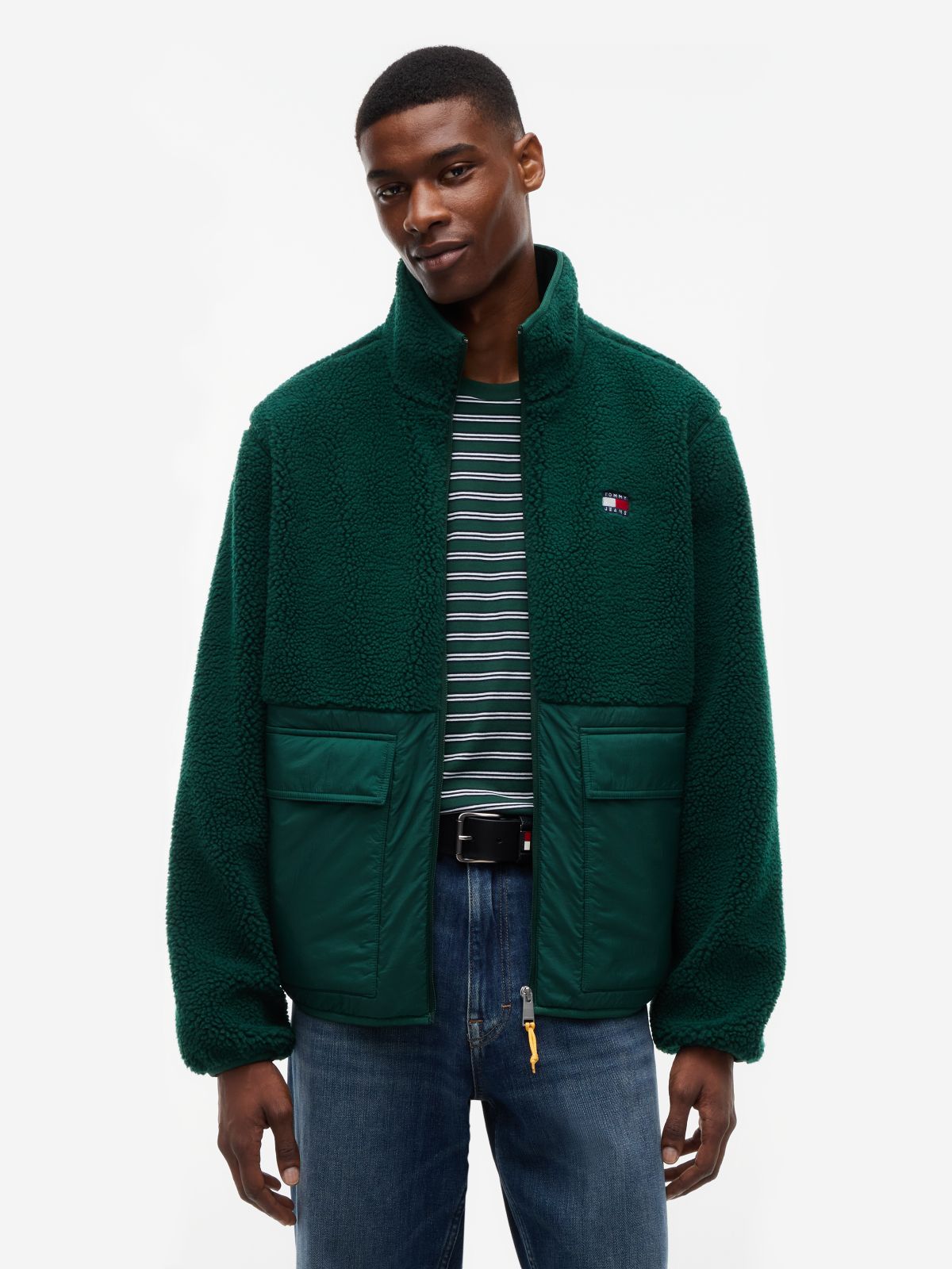 Teddy Contrast Texture Relaxed Jacket — Green