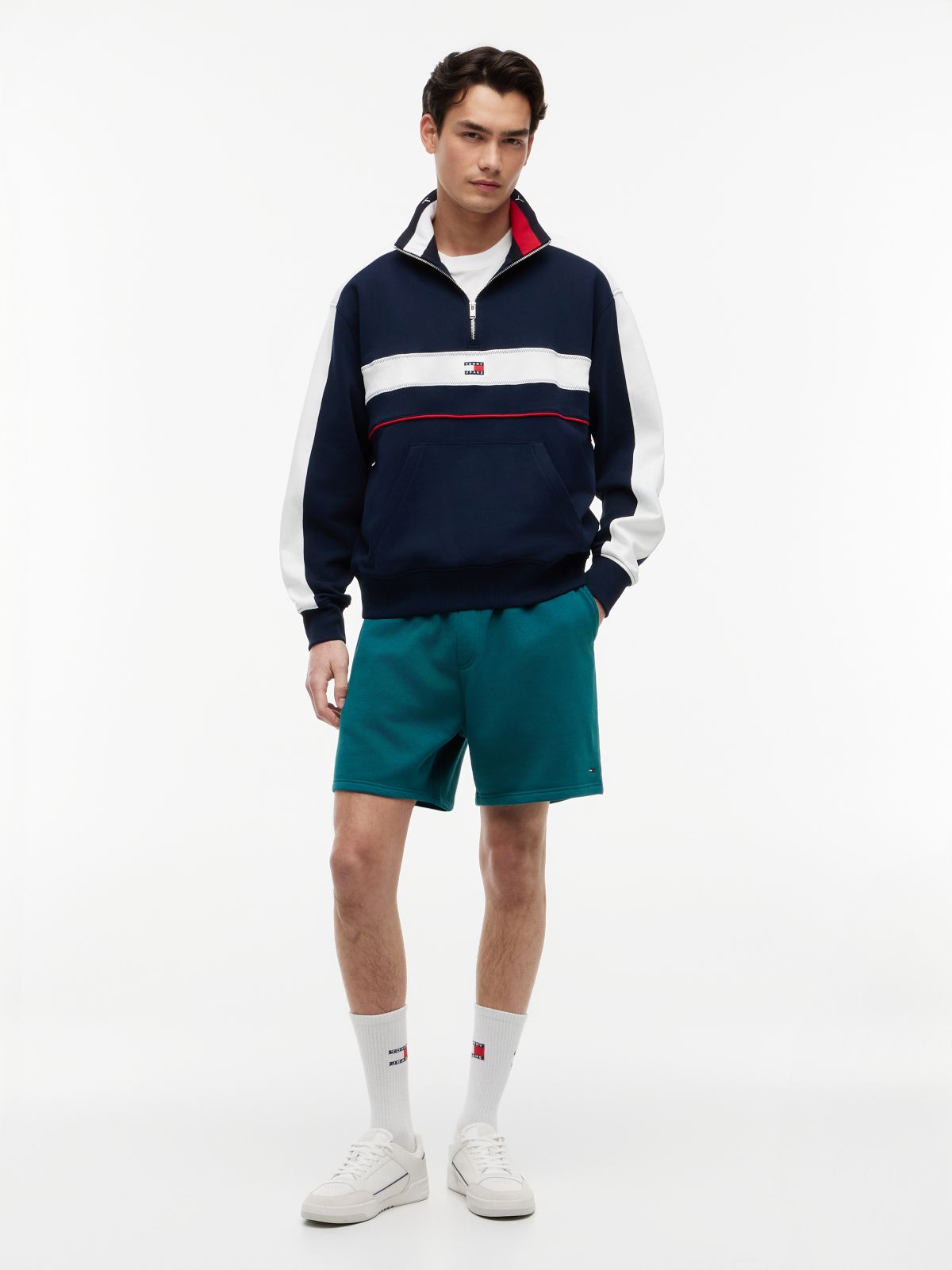 Colour-Blocked Quarter-Zip Relaxed Sweatshirt — Blue