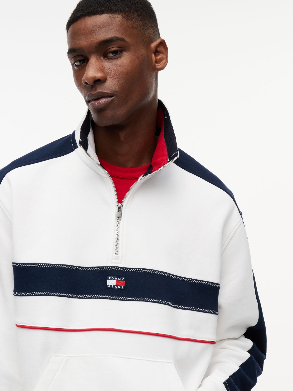 Colour-Blocked Quarter-Zip Relaxed Sweatshirt — White