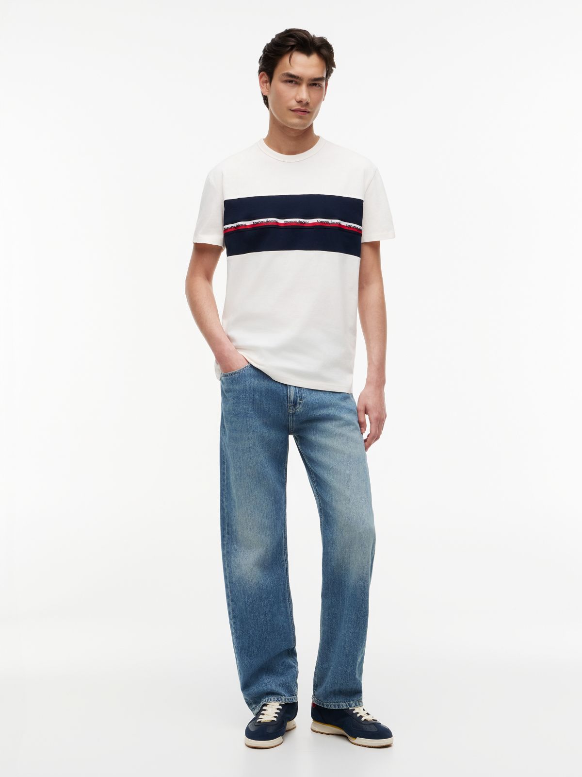 Global Stripe Tape Peached Jersey T-Shirt — White
