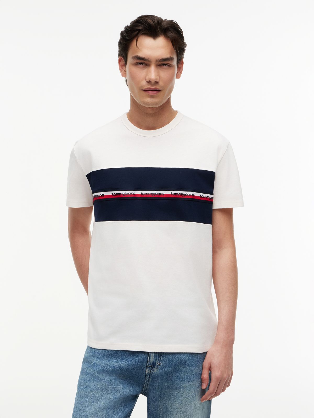 Global Stripe Tape Peached Jersey T-Shirt — White