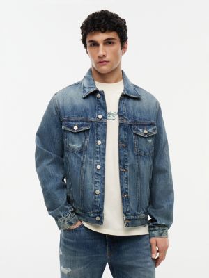 blue ryan distressed denim trucker jacket for men tommy jeans