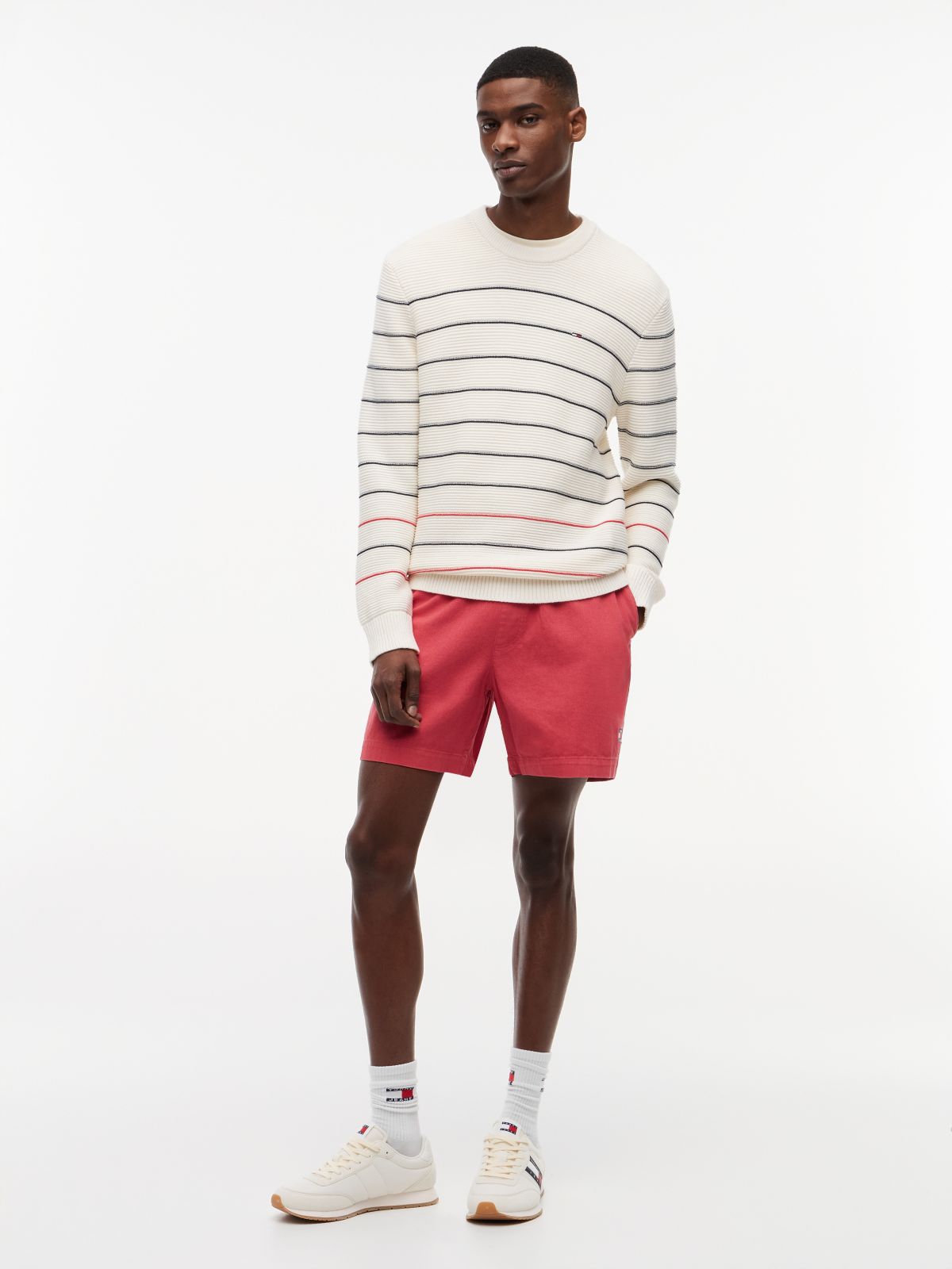 Tommy Flag Stripe Slim Crew Neck Jumper — White