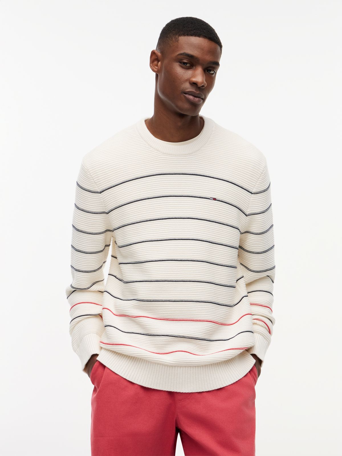 Tommy Flag Stripe Slim Crew Neck Jumper — White