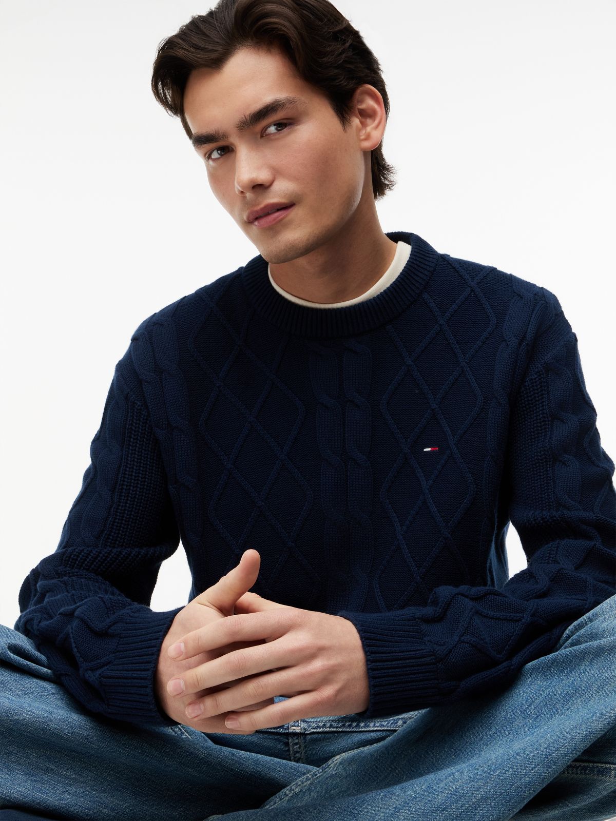 Tommy Flag Cable Knit Jumper — Blue