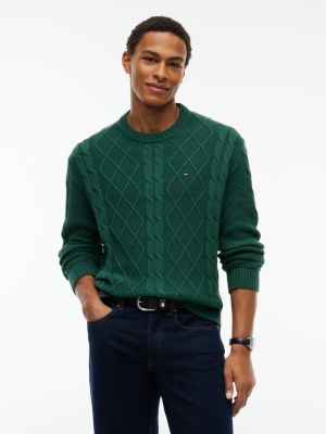 green tommy flag cable knit jumper for men tommy jeans
