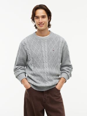 grey tommy flag cable knit jumper for men tommy jeans