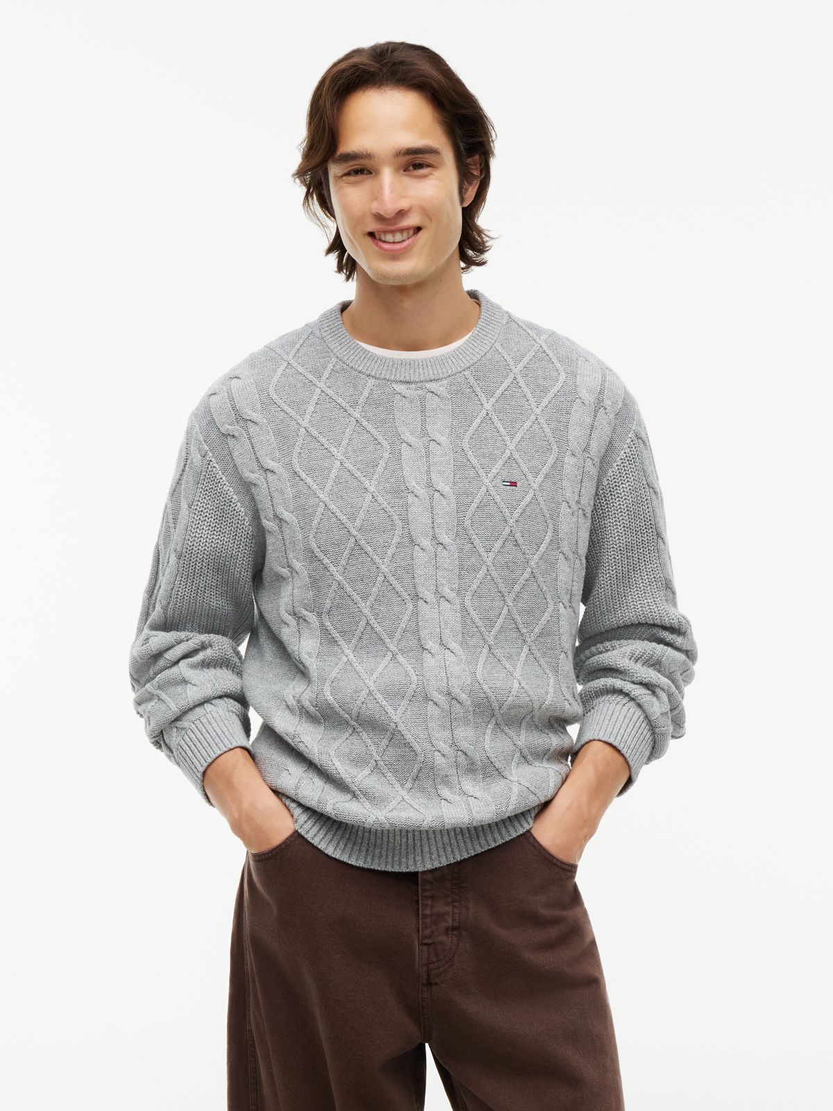 Tommy Flag Cable Knit Jumper — Grey