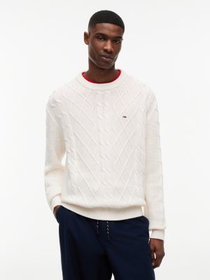 pull en maille torsadée à drapeau tommy white pour hommes tommy jeans