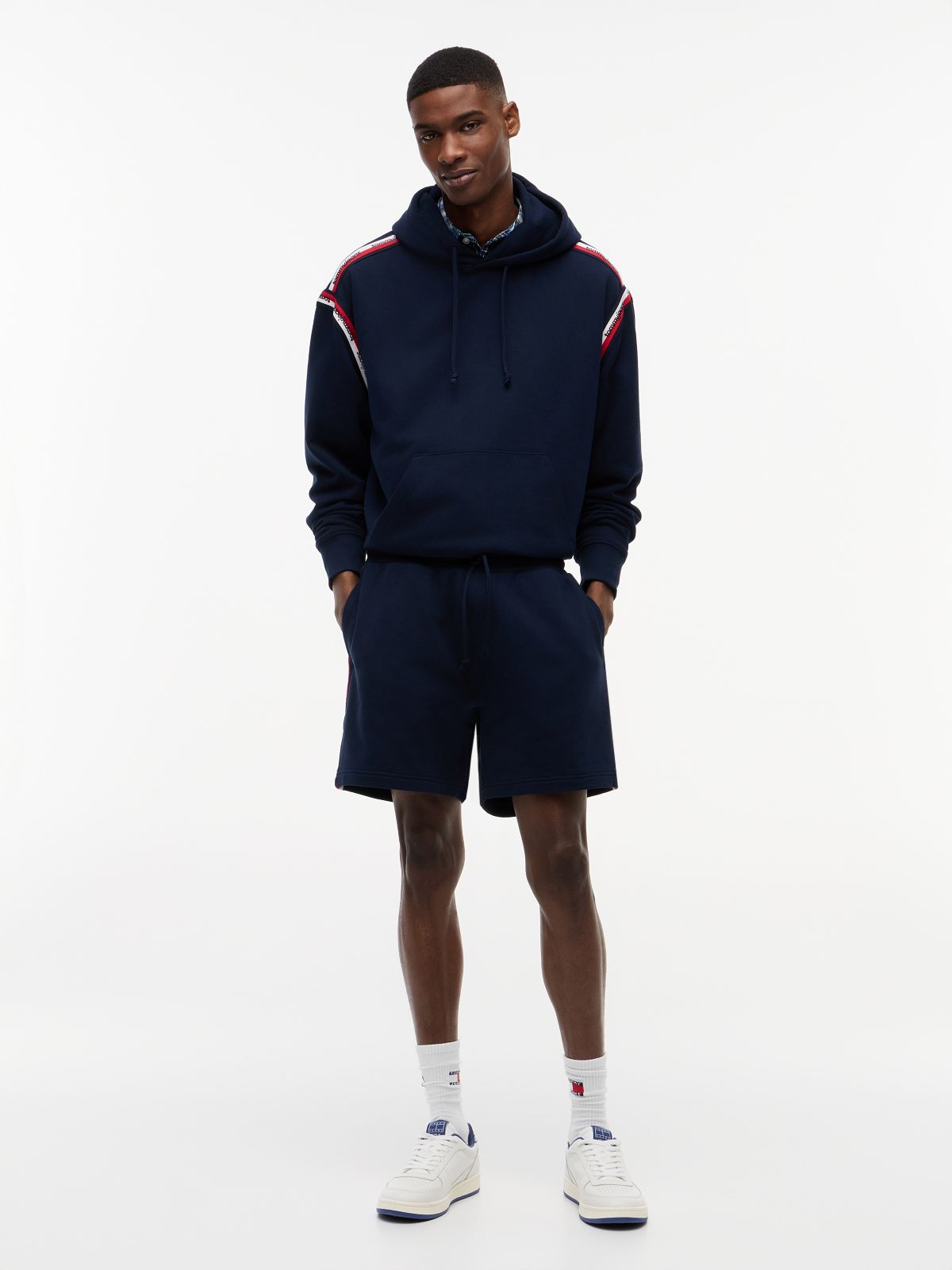 Global Stripe Logo Tape Sweat Shorts — Blue
