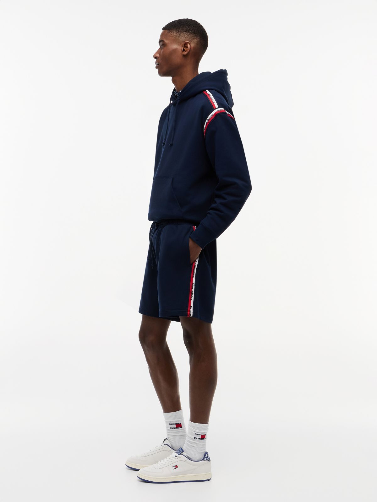 Global Stripe Logo Tape Sweat Shorts — Blue