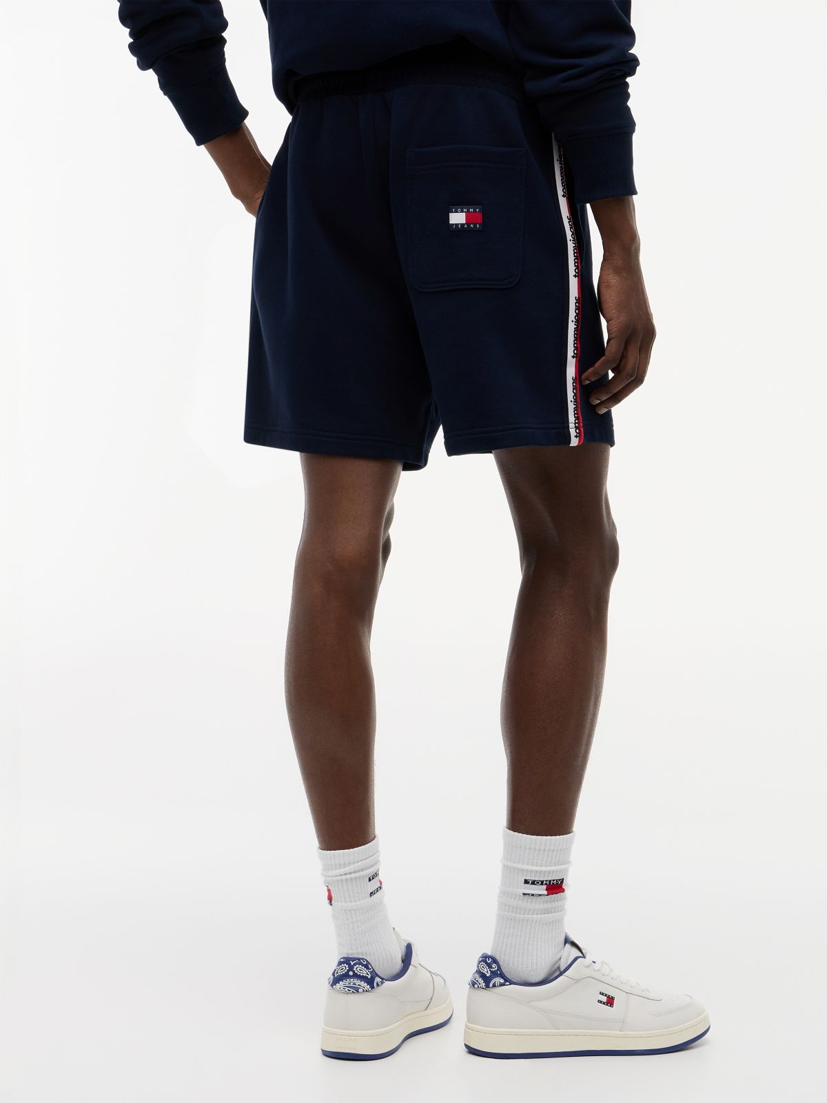 Global Stripe Logo Tape Sweat Shorts — Blue