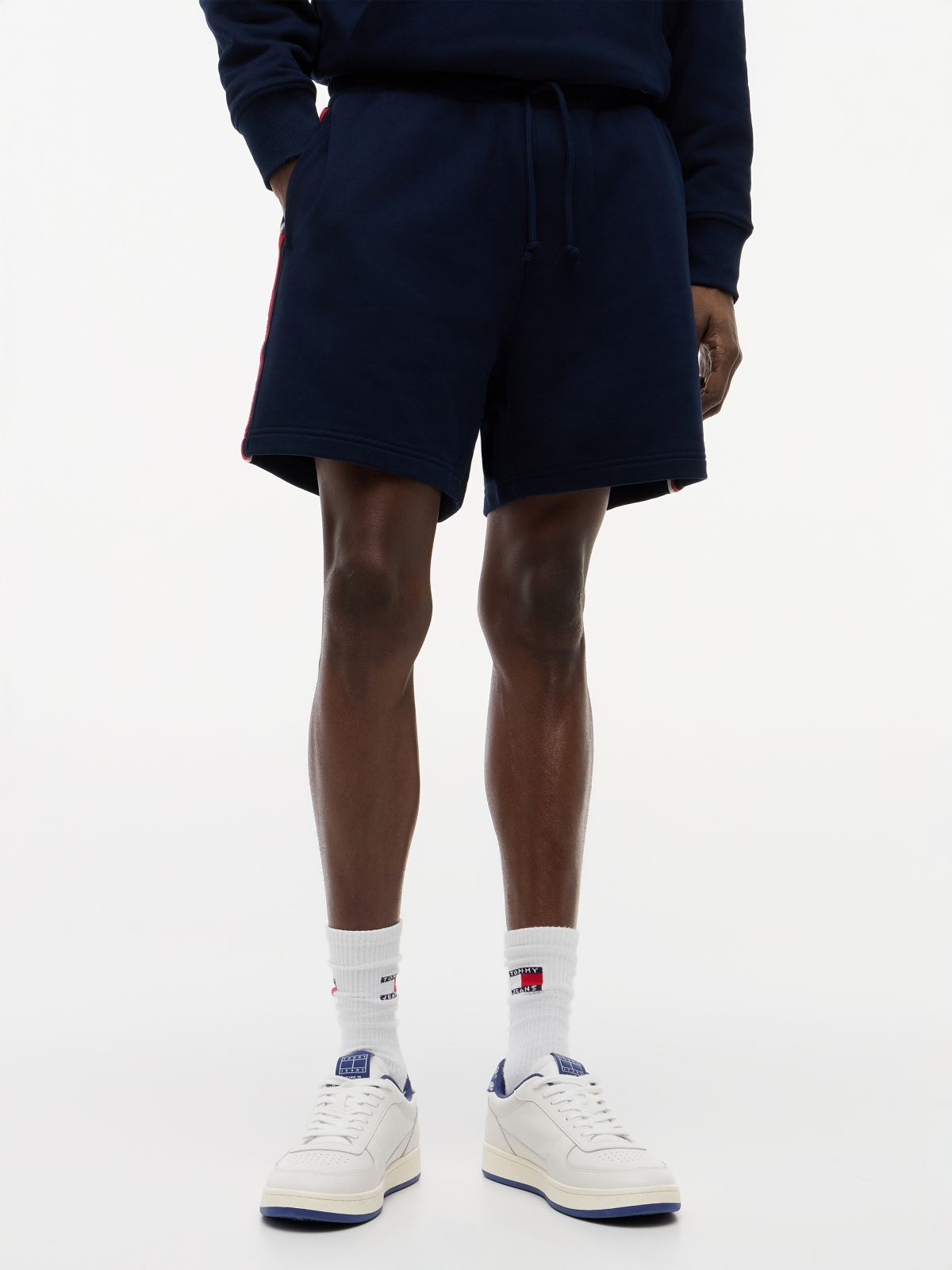 Global Stripe Logo Tape Sweat Shorts — Blue