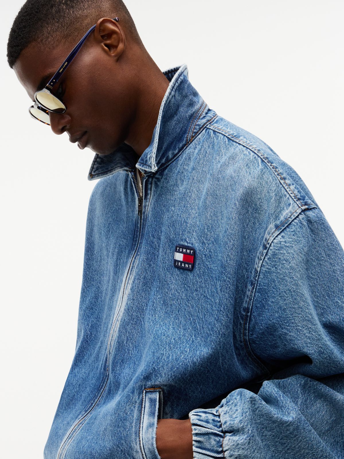 Faded Denim Relaxed Harrington Jacket — Blue