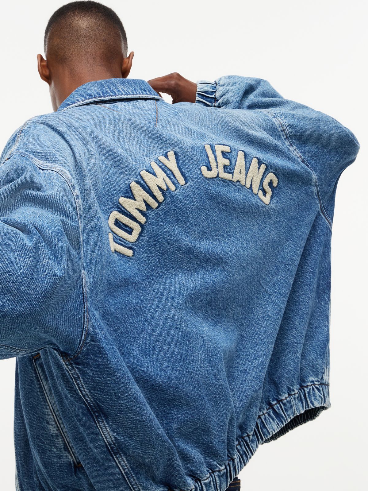 Faded Denim Relaxed Harrington Jacket — Blue