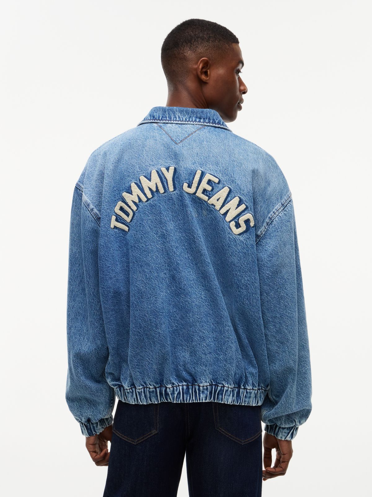 Faded Denim Relaxed Harrington Jacket — Blue