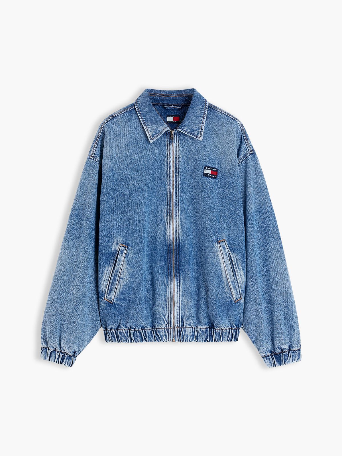 Faded Denim Relaxed Harrington Jacket — Blue
