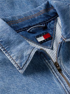 blue faded denim relaxed harrington jacket for men tommy jeans