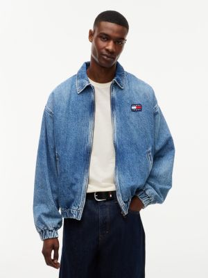 blue faded denim relaxed harrington jacket for men tommy jeans