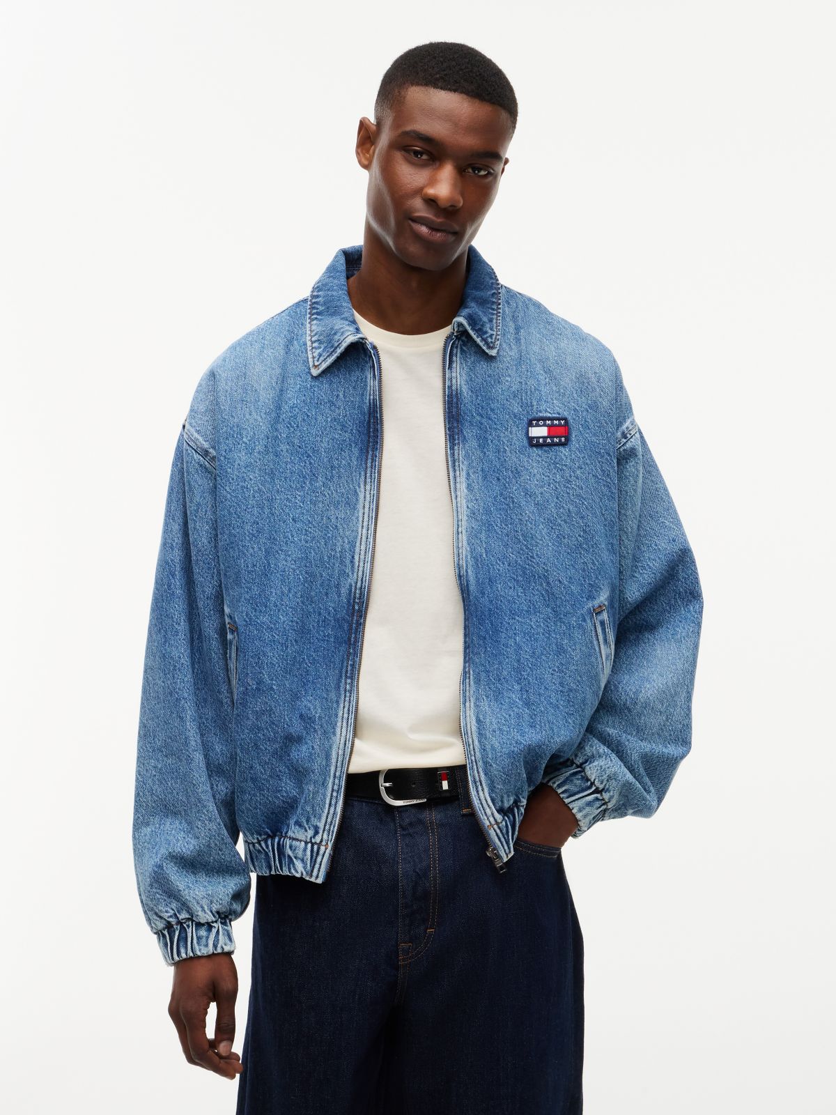 Faded Denim Relaxed Harrington Jacket — Blue