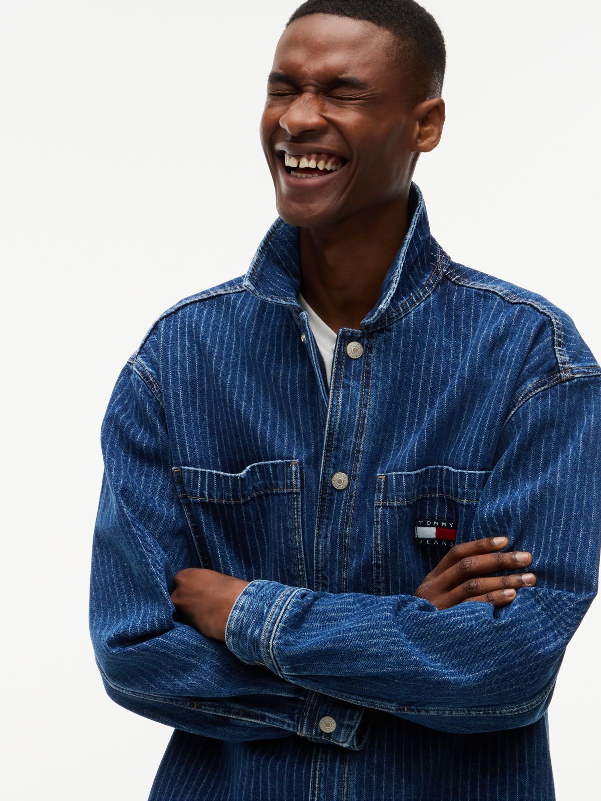 Stripe Relaxed Denim Shirt Jacket — Blue