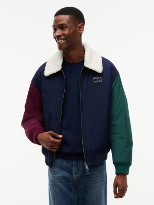 blue teddy collar relaxed aviator jacket for men tommy jeans