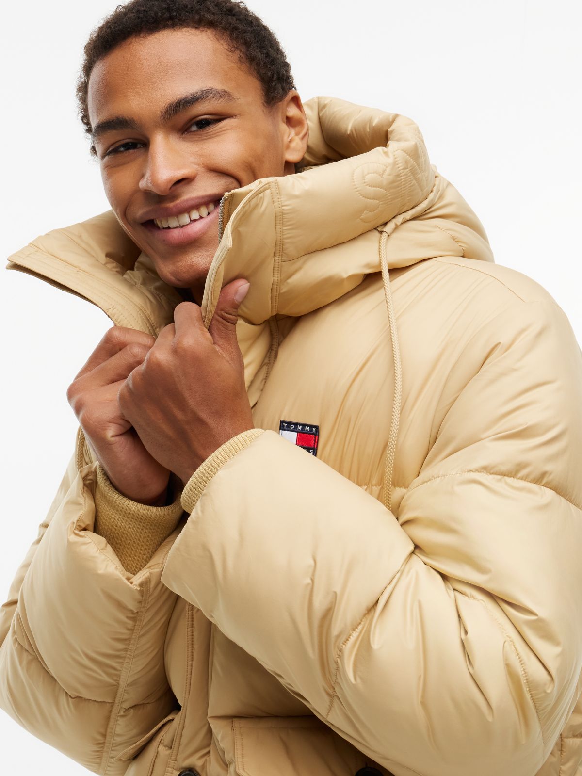 Logo Hooded Relaxed Puffer Jacket — Beige