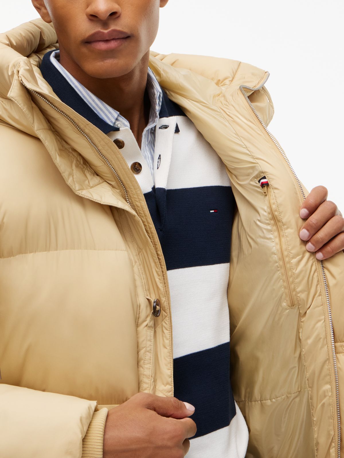Logo Hooded Relaxed Puffer Jacket — Beige